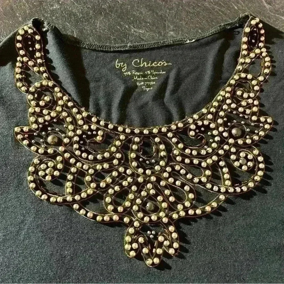 Chico’s womens embellished Beaded Mesh crew neck blouse short sleeve black sz 0 - Picture 4 of 8